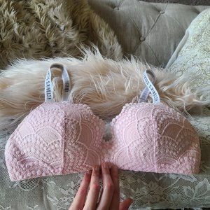 Victoria's Secret Wireless T-Shirt Bra Pink Lace Logo Straps 32C